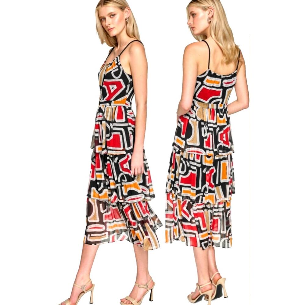 Karl Lagerfeld Printed Chiffon Ruffle Tiered Skirt Midi Dress | sz 8, Black Red